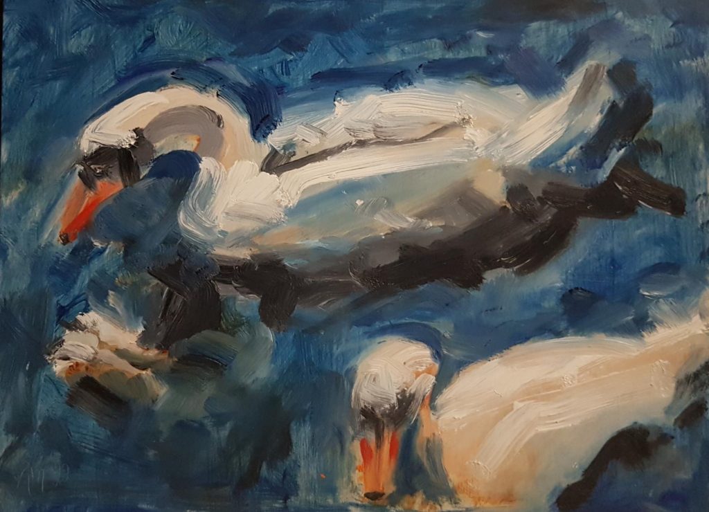 Beautiful painting of two mute swans on the water
