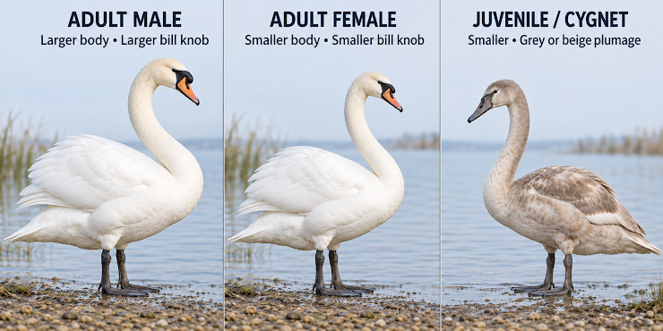Swan identification guide show and Adult Male, Adult Female and Juvenile / Cygnet